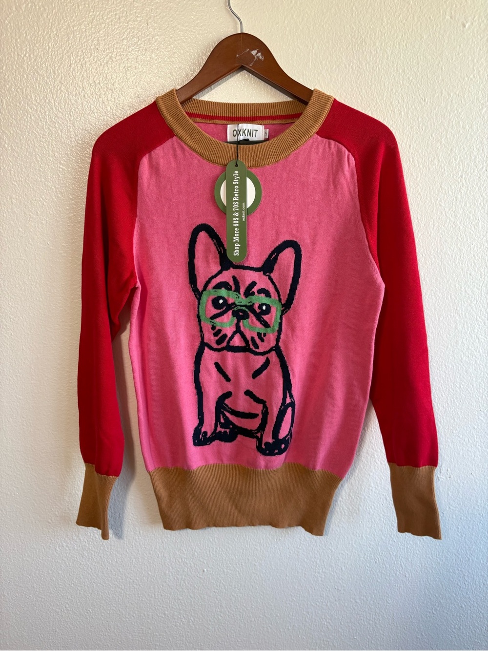 NEW OXKNIT Size Small Pink Red Frenchi Bulldog Colorblock Graphic Sweater Preppy
